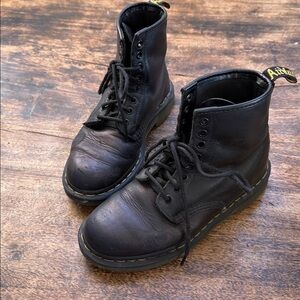 Dr. Martens Black Leather Combat Boots with Yellow Stitching